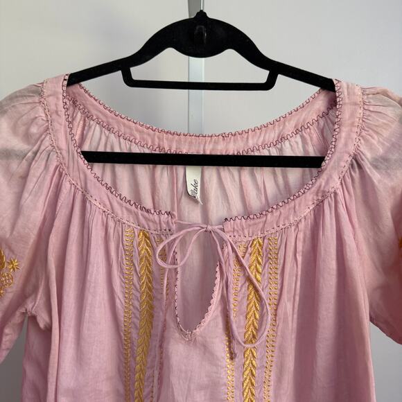 Cake sz‎ S Pink Gold Embroidered Cotton Blouse Prairie Cottagecore Fairy - Picture 2 of 8